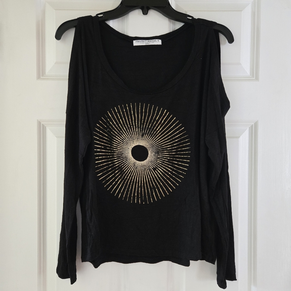 NWT Project Social Tee M Long Sleeve Tshirt Charcoal Gold Sun Cutout Graphic